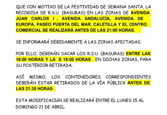 El servicio de recogida de basura tendrá un horario especial durante la Semana Santa en el Centro Comercial 
